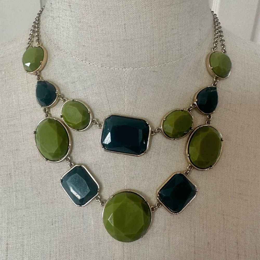 Green blue and gold tone double strand statement necklace